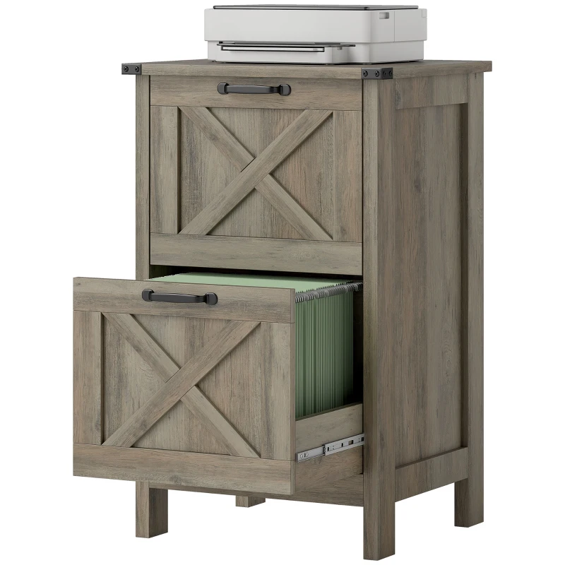 HOMCOM Vertical File Cabinet with 2 Drawers, Rustic Farmhouse Office Storage Cabinet for A4, Letter Size, Distressed Gray