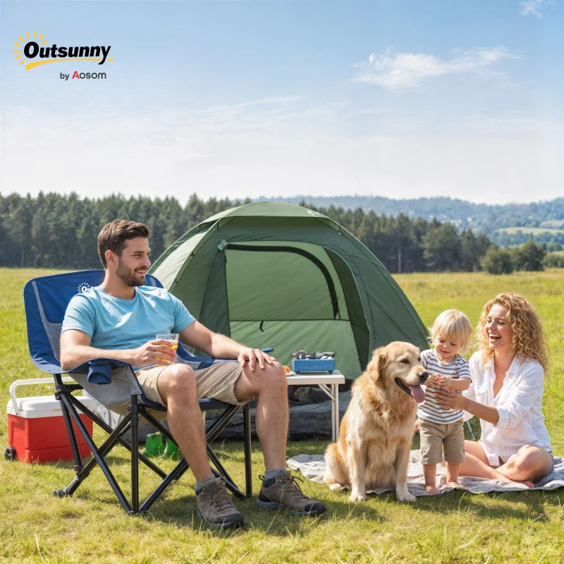 Outsunny Camping Chair for Adults, Portable Folding Camping Chair with Side Pockets, Cup Holders, Carry Bag, Blue and Gray