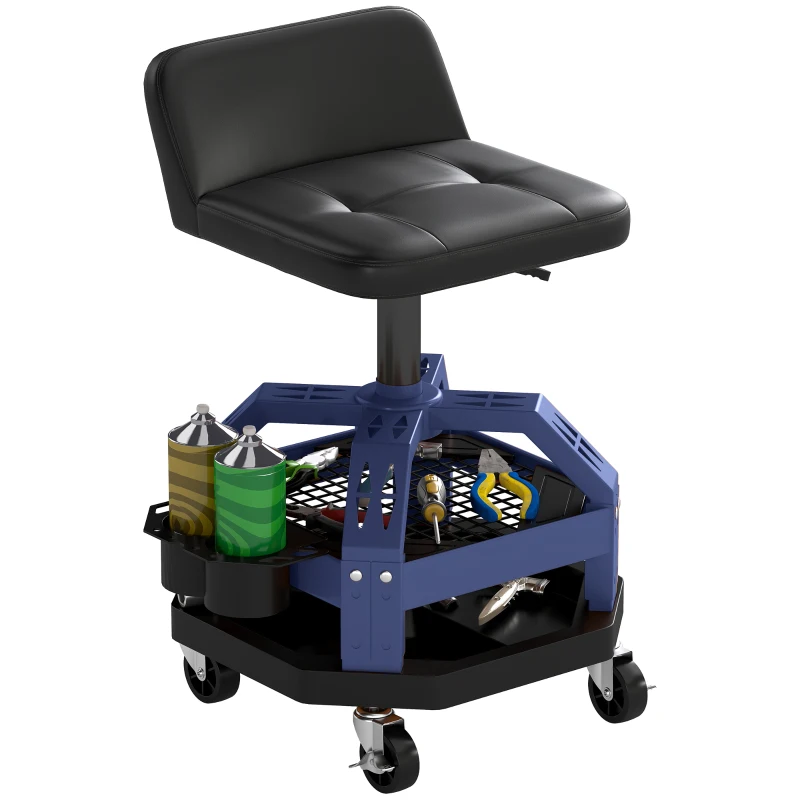 HOMCOM Rolling Creeper Garage Stool, 300 LBS Capacity Mechanic Stool with 360° Wheels, Tool Tray, Adjustable Height, Blue