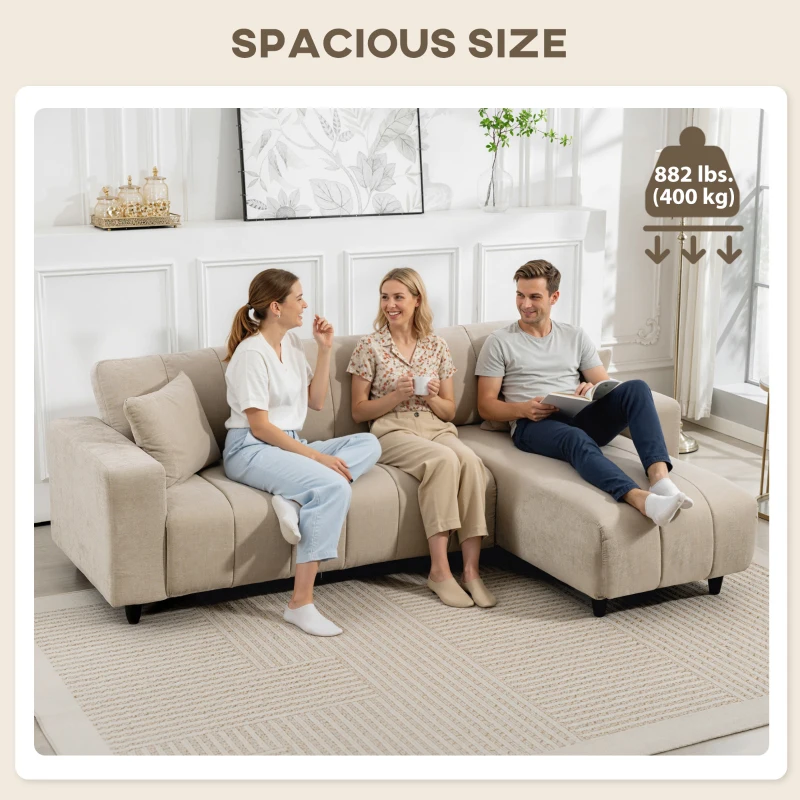 HOMCOM Sectional Couch with Integrated Seat, 3 Seater L-Shaped Sofa with Changeable Chaise, Spring Cushion, 2 Pillows, Beige