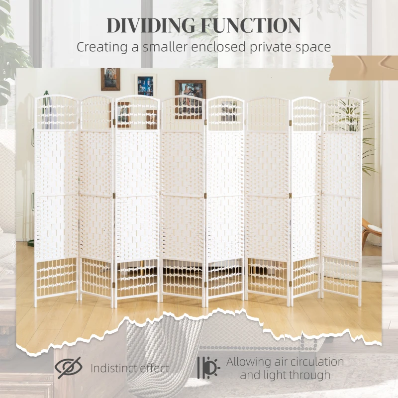 HOMCOM 8 Panel Folding Room Divider Portable Privacy Screen Wave Fiber Room Partition for Home Office White