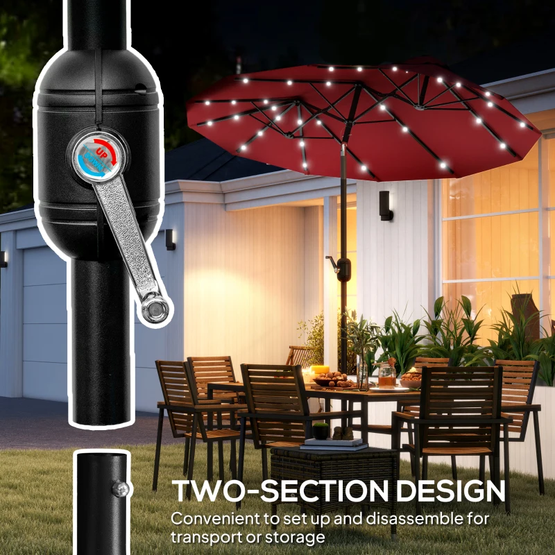 Outsunny Double-sided Patio Umbrella, 9.7' Outdoor Umbrella with Tilt and Crank, LED Solar Light and 12 Ribs, Wine Red