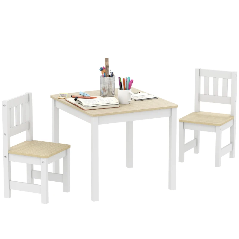 Qaba Kids Table and Chairs Set, Toddler Table and 2 Chair Set for Activity, Art, Craft, Reading, Learning, Natural