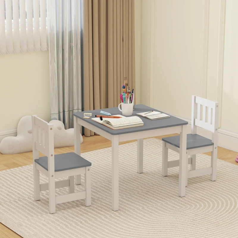 Qaba Kids Table and Chairs Set, Toddler Table and 2 Chair Set for Activity, Art, Craft, Reading, Learning, Grey