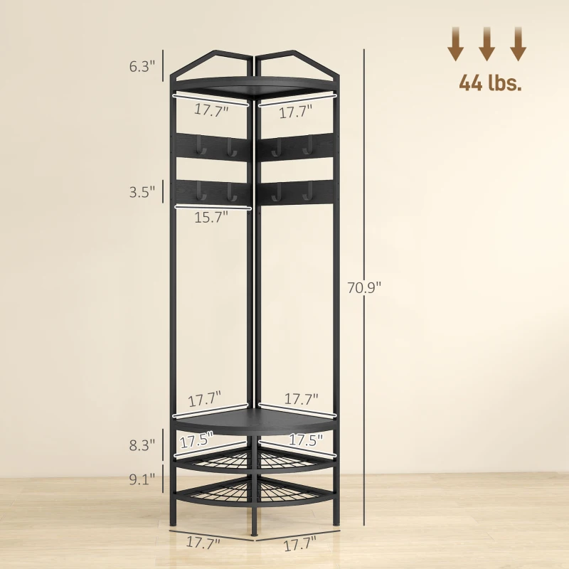 HOMCOM Corner Hall Tree, Industrial 4-Tier Coat Rack with Shoe Storage, 8 Movable Hooks and 2 Shelves for Hallway, Black