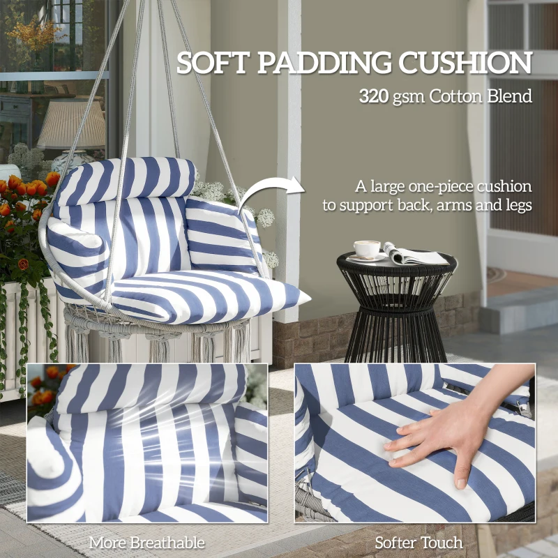 Outsunny Hammock Swing Chair, Macrame Hanging Chair with Large Cushion, Chain, Steel Frame for Indoor Outdoor Use, Blue and White