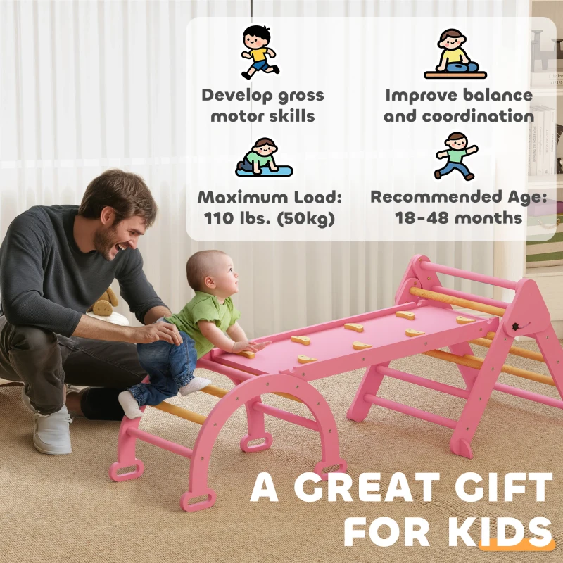 Qaba 7-in-1 Pikler Triangle Set, Foldable Wooden Climbing Toys with Arch, Ramp and Ladder for Toddlers 1-4 Years, Pink