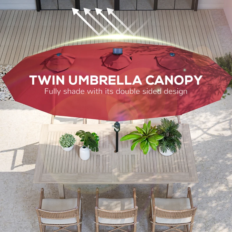 Outsunny Double-sided Patio Umbrella, 9.7' Outdoor Umbrella with Tilt and Crank, LED Solar Light and 12 Ribs, Wine Red