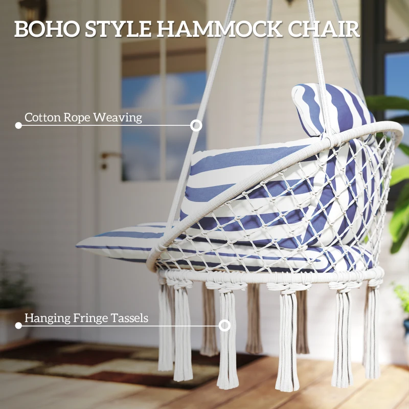 Outsunny Hammock Swing Chair, Macrame Hanging Chair with Large Cushion, Chain, Steel Frame for Indoor Outdoor Use, Blue and White
