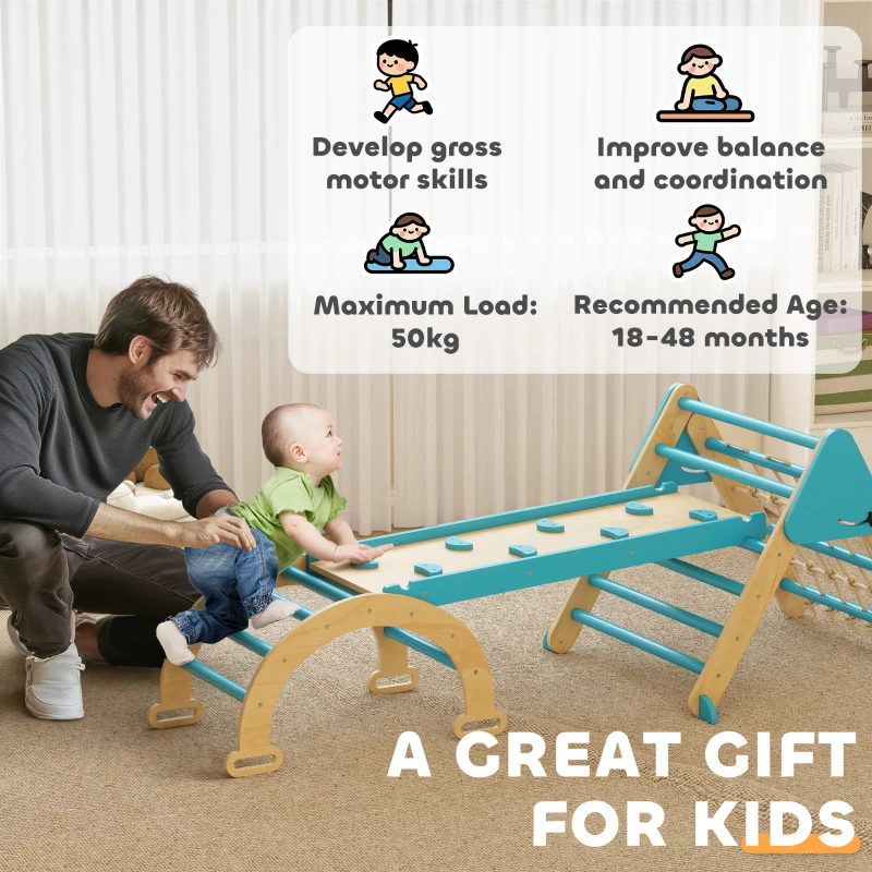 Qaba 8-in-1 Pikler Triangle Set, Foldable Wooden Climbing Toys with Arch, Ramp and Ladder for Ages 18-48 Mouths, Blue