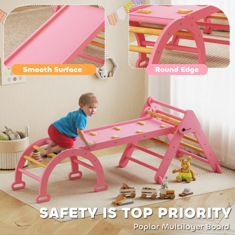 Qaba 7-in-1 Pikler Triangle Set, Foldable Wooden Climbing Toys with Arch, Ramp and Ladder for Toddlers 1-4 Years, Pink