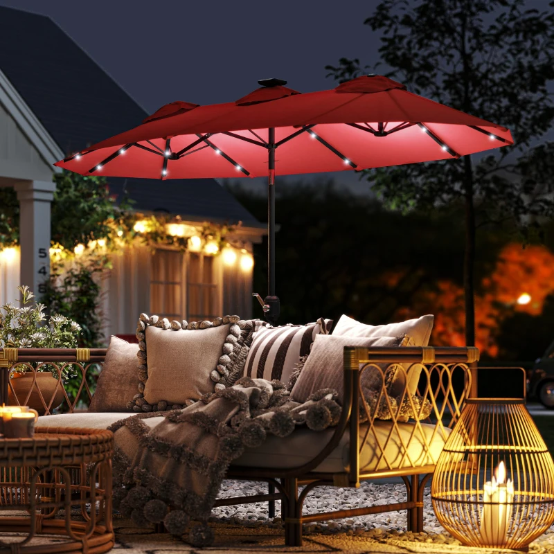 Outsunny Double-sided Patio Umbrella, 9.7' Outdoor Umbrella with Tilt and Crank, LED Solar Light and 12 Ribs, Wine Red