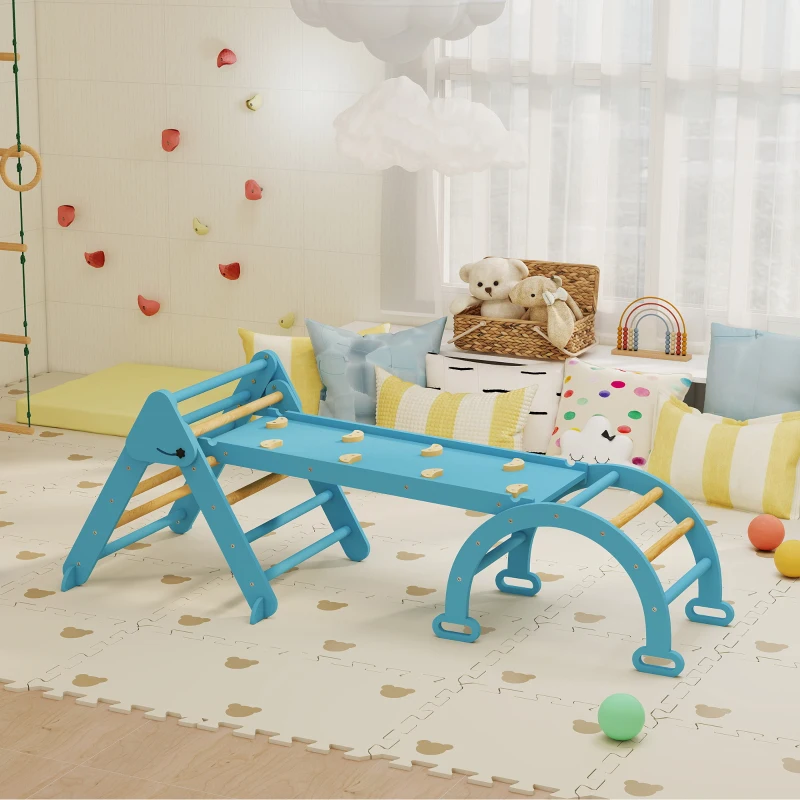 Qaba 7-in-1 Pikler Triangle Set, Foldable Wooden Climbing Toys with Arch, Ramp and Ladder for Toddlers 1-4 Years, Blue