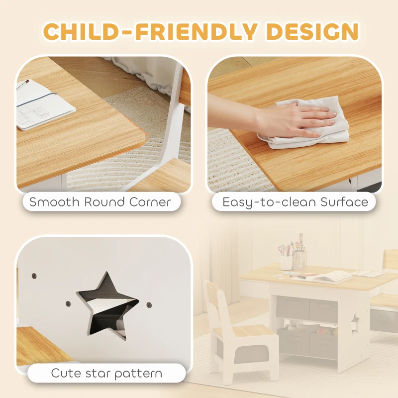 Qaba 3 Piece Kids Table and Chair Set with 6 Removable Drawers, for Classroom, Living Room, Bedroom, Nursery, Natural