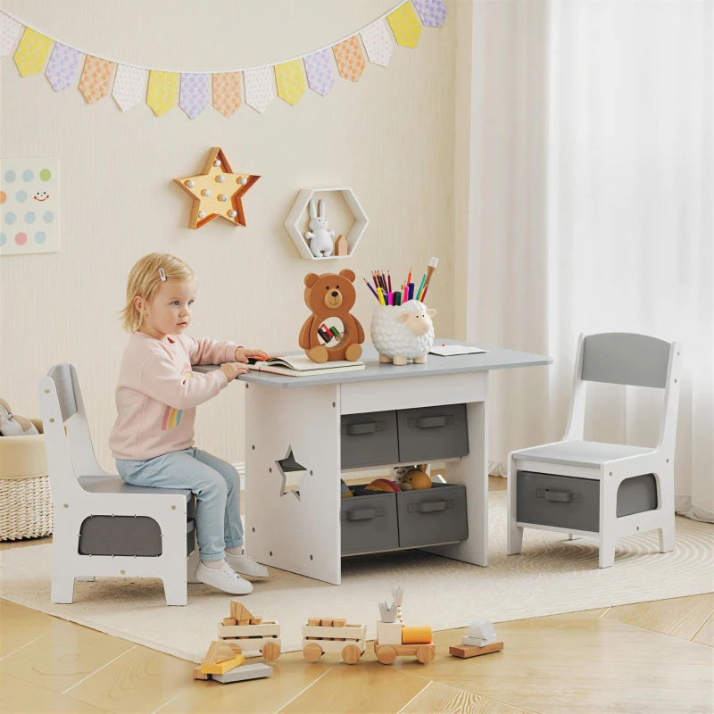 Qaba 3 Piece Kids Table and Chair Set with 6 Removable Drawers, for Classroom, Living Room, Bedroom, Nursery, Light Grey