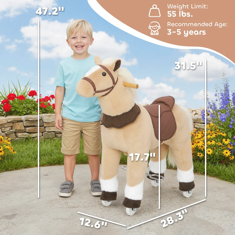 Qaba Ride on Horse, Plush Riding Pony for Ages 3-5, Walking Horse Animal with Wheels for Active Play, Brown