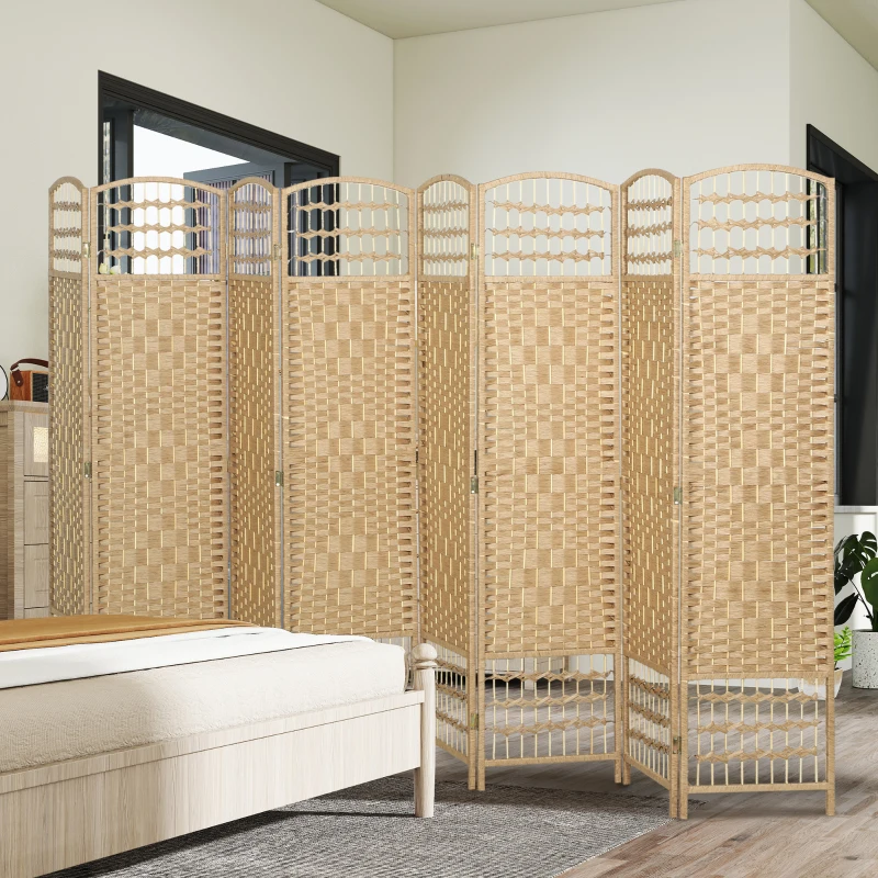 HOMCOM 8 Panel Folding Room Divider Portable Privacy Screen Wave Fiber Room Partition for Home Office Natural