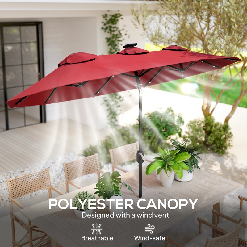 Outsunny Double-sided Patio Umbrella, 9.7' Outdoor Umbrella with Tilt and Crank, LED Solar Light and 12 Ribs, Wine Red