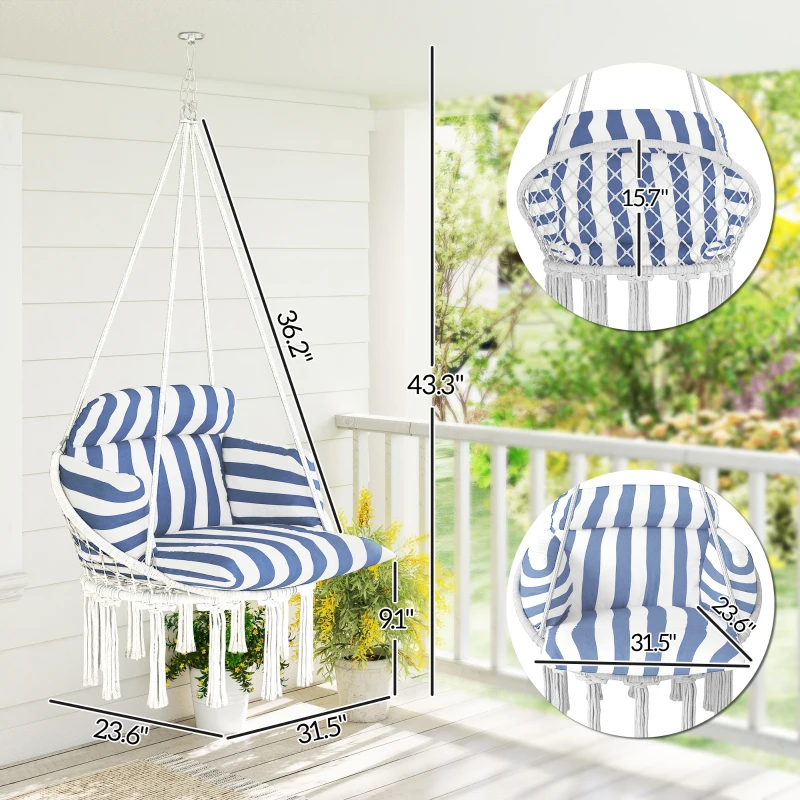Outsunny Hammock Swing Chair, Macrame Hanging Chair with Large Cushion, Chain, Steel Frame for Indoor Outdoor Use, Blue and White