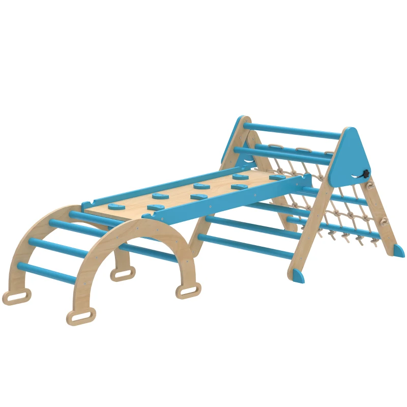Qaba 8-in-1 Pikler Triangle Set, Foldable Wooden Climbing Toys with Arch, Ramp and Ladder for Ages 18-48 Mouths, Blue