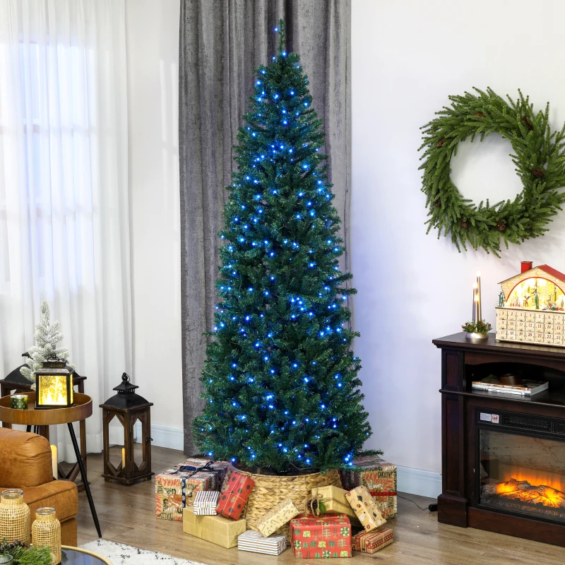 HOMCOM 7ft Artificial Christmas Tree with Colorful DIY Synchronized Lights, Remote, Hinged Slim Fir with Daily Timer