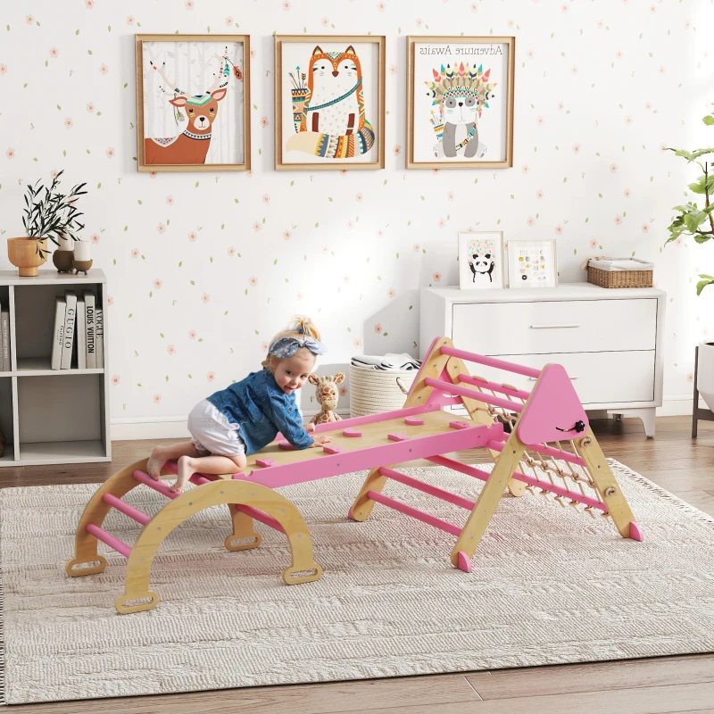Qaba 8-in-1 Pikler Triangle Set, Foldable Wooden Climbing Toys with Arch, Ramp and Ladder for Ages 18-48 Mouths, Pink