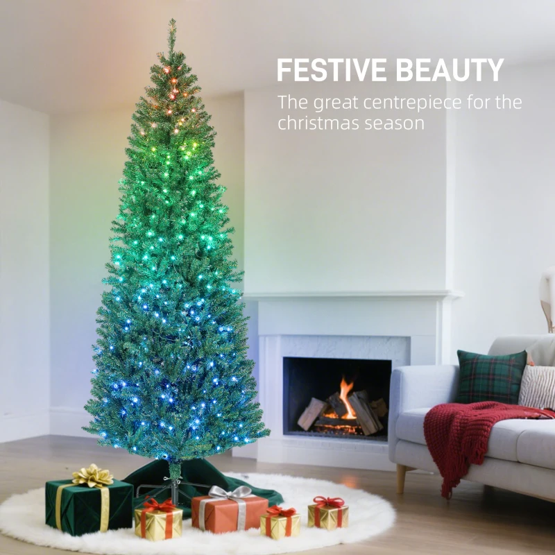 HOMCOM 7ft Artificial Christmas Tree with Colorful DIY Synchronized Lights, Remote, Hinged Slim Fir with Daily Timer