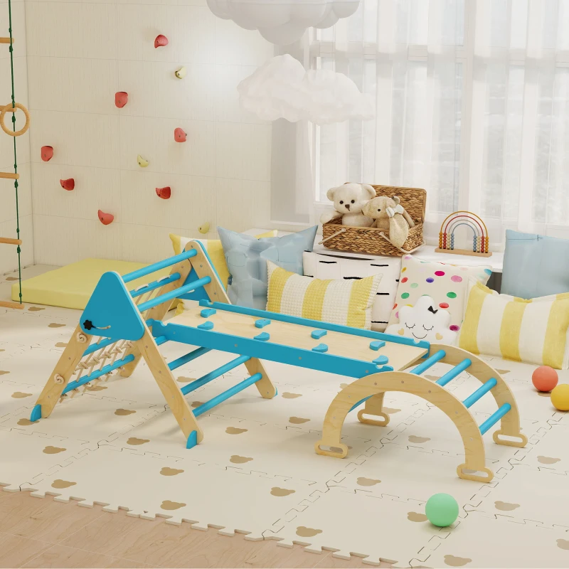 Qaba 8-in-1 Pikler Triangle Set, Foldable Wooden Climbing Toys with Arch, Ramp and Ladder for Ages 18-48 Mouths, Blue