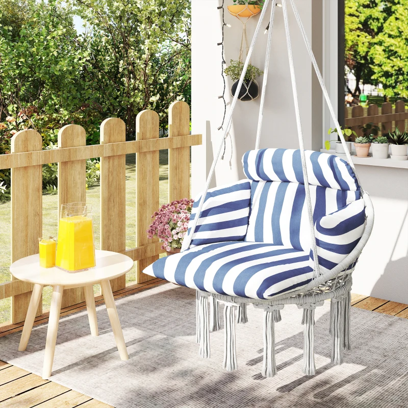 Outsunny Hammock Swing Chair, Macrame Hanging Chair with Large Cushion, Chain, Steel Frame for Indoor Outdoor Use, Blue and White