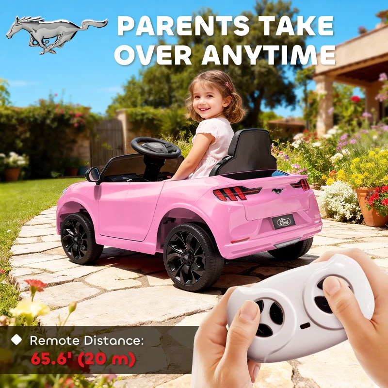 Qaba 12V Kids Ride On Car, Licensed Ford Mustang Mach-E Electric Car with Remote Control, LED Light, Music, Pink