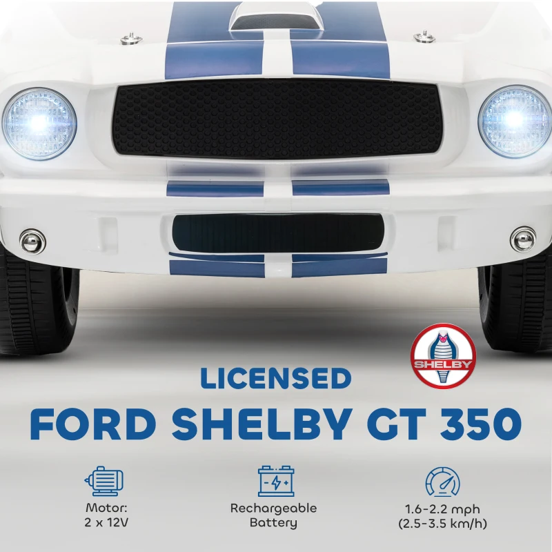 Qaba Licensed Ford Shelby GT 350 Kids Ride On Car with Remote Control, Adjustable Speed, MP3, Smooth Start, LED Lights, White