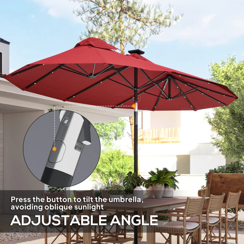 Outsunny Double-sided Patio Umbrella, 9.7' Outdoor Umbrella with Tilt and Crank, LED Solar Light and 12 Ribs, Wine Red