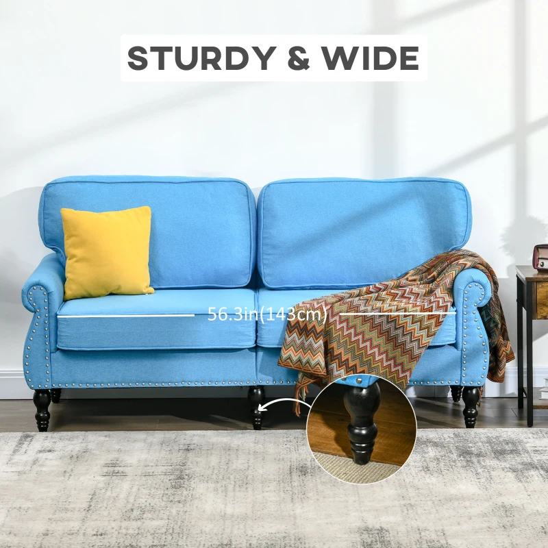 HOMCOM Stylish Midback Double Sofa with Sponge Padding, 2 Seater Sofa Couch, with Rubber Wood Leg, Light Blue