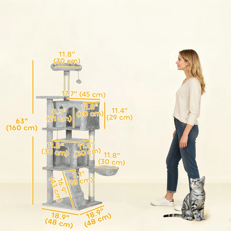 PawHut 63 Inch Cat Tree with Sisal Scratching Posts, Condos, Plush Perches, Hammock, Ladder, Dangling Balls, Light Grey