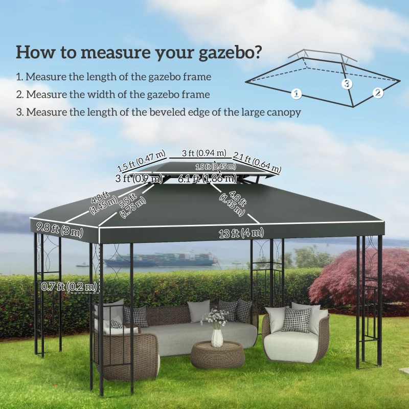 Outsunny 13' x 10' Gazebo Replacement Canopy 2 Tier Top UV Cover Pavilion Garden Patio Outdoor, Deep Grey (TOP ONLY)