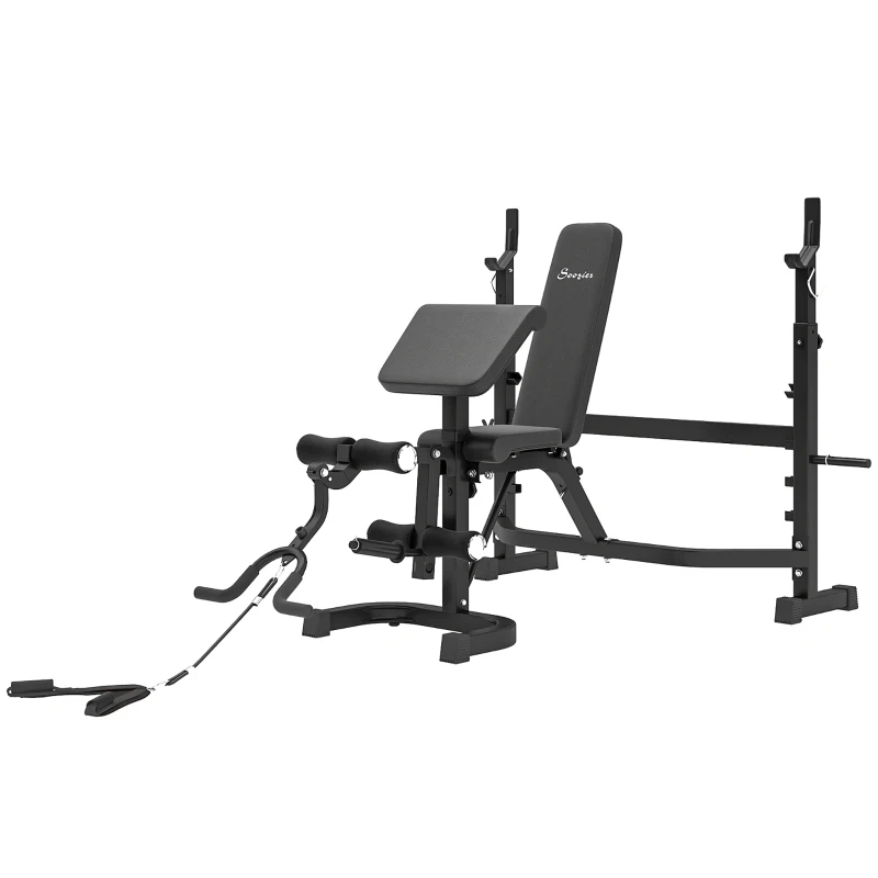 Soozier Weight Bench Stand with Squat Rack, Adjustable Olympic Bench, Multifunctional Arm Curl Pad, Leg Extension, Grey