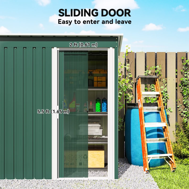 Outsunny 5 x 3 FT Outdoor Storage Shed with Sliding Door and Sloped Roof, Steel Frame Garden Shed Tool Equipment, Green