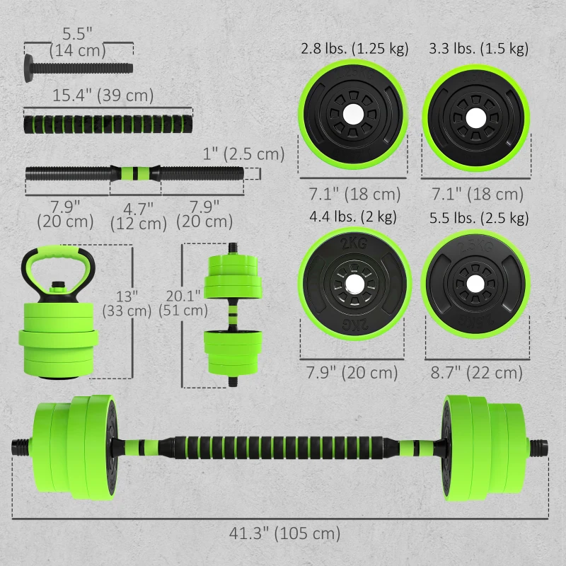 Soozier 66lbs 4-in-1 Adjustable Weight Dumbbell Set, Barbell, Kettlebell, Push Up Stand, Green