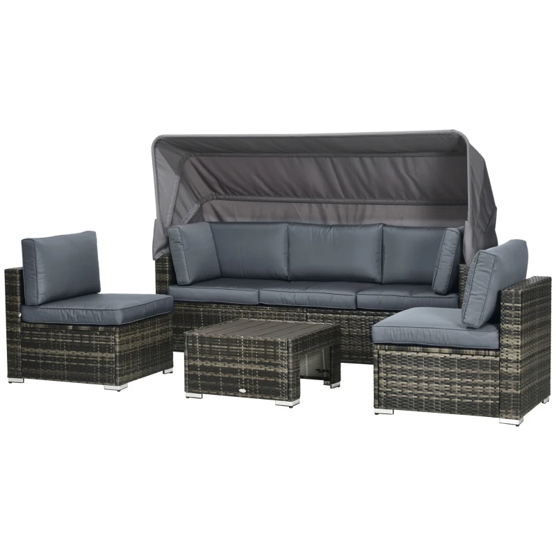 Outsunny Outdoor Daybed with Canopy, 4 Piece Sectional Patio Furniture Set, Cushions, Coffee Table Ottoman, PE Wicker Conversation Sofa Set & Convertible Sunbed, Gray