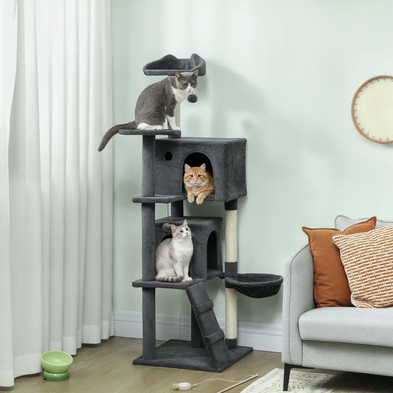 PawHut 63 Inch Cat Tree with Sisal Scratching Posts, Condos, Plush Perches, Hammock, Ladder, Dangling Balls, Dark Grey