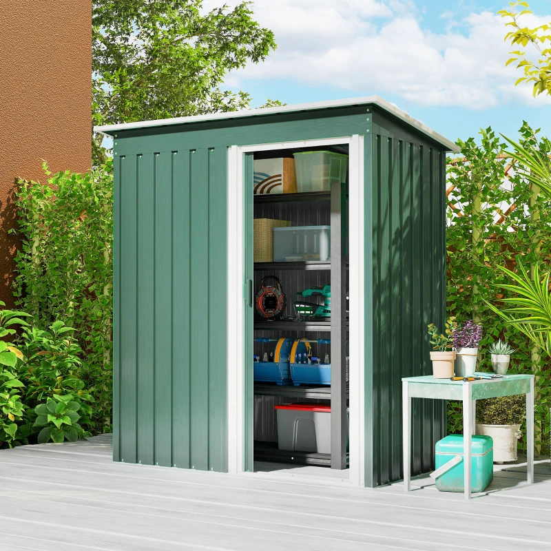 Outsunny 5 x 3 FT Outdoor Storage Shed with Sliding Door and Sloped Roof, Steel Frame Garden Shed Tool Equipment, Green