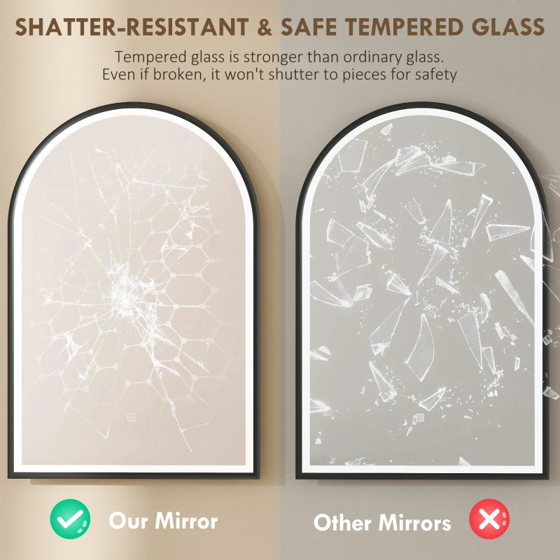 HOMCOM 24" x 36" LED Bathroom Mirror, Arched Tempered Glass Wall Mirror, Anti-Fog, Dimmable, Memory Function, Black