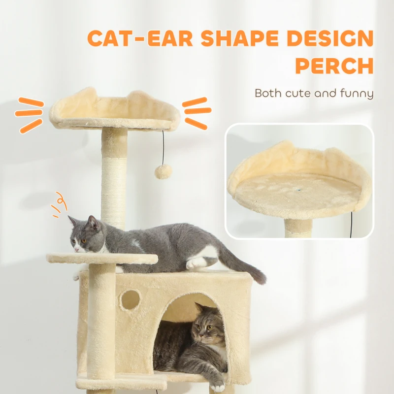 PawHut 63 Inch Cat Tree with Sisal Scratching Posts, Condos, Plush Perches, Hammock, Ladder, Dangling Balls, Beige