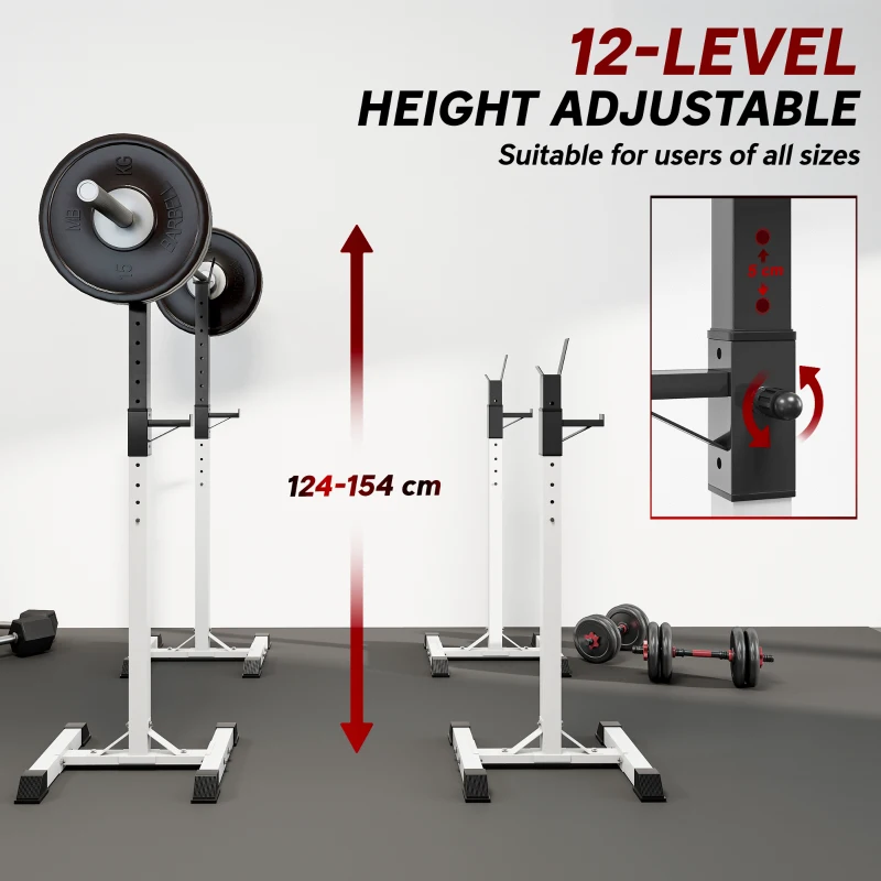 Soozier Adjustable Barbell Rack Stable Power Squat Stand Portable 2 Bars Barbell Holder Weight Rack, Black and White