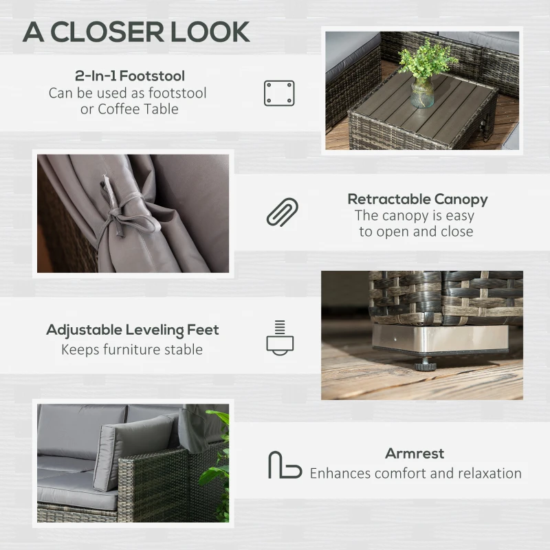 Outsunny Outdoor Daybed with Canopy, 4 Piece Sectional Patio Furniture Set, Cushions, Coffee Table Ottoman, PE Wicker Conversation Sofa Set & Convertible Sunbed, Gray