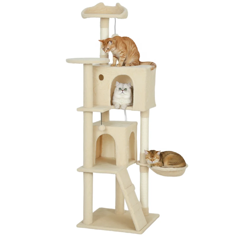 PawHut 63 Inch Cat Tree with Sisal Scratching Posts, Condos, Plush Perches, Hammock, Ladder, Dangling Balls, Beige