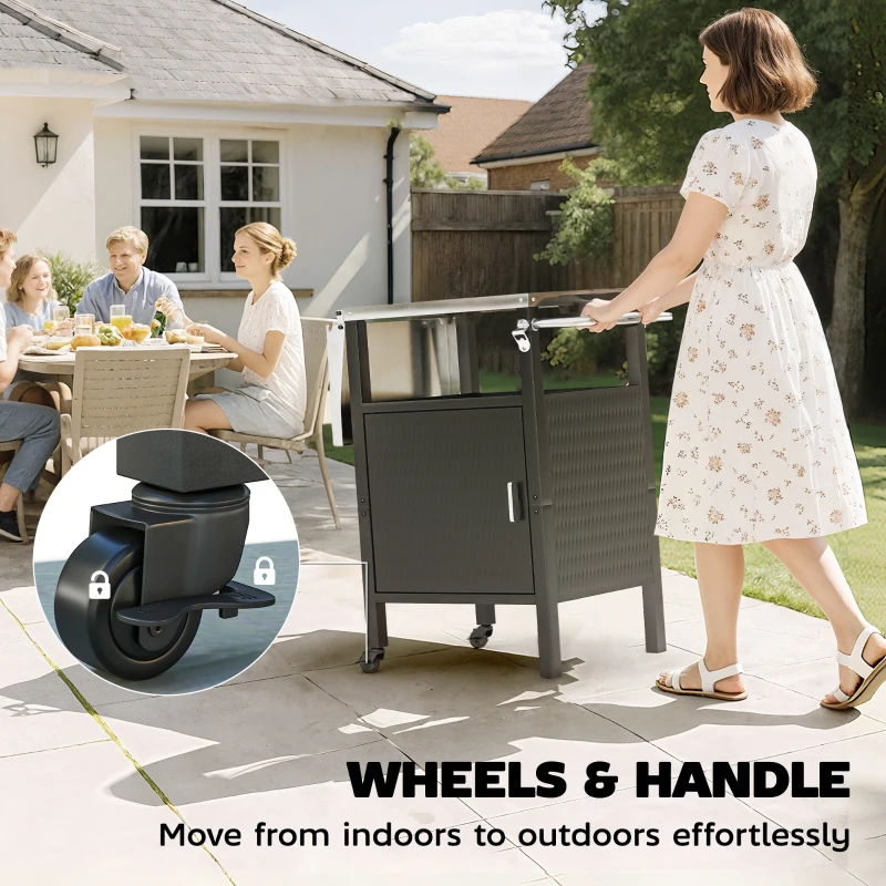 Outsunny Outdoor Grill Dining Cart with Stainless Steel Top, Pizza Oven Stand Table with Foldable Side Table, Silver