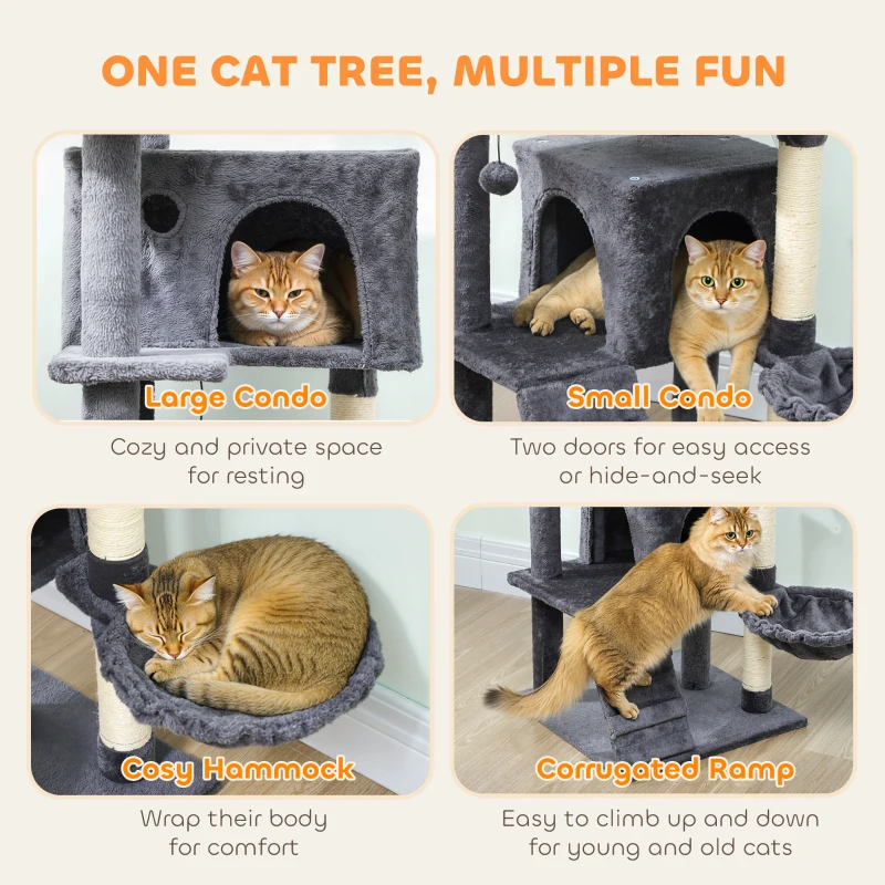 PawHut 63 Inch Cat Tree with Sisal Scratching Posts, Condos, Plush Perches, Hammock, Ladder, Dangling Balls, Dark Grey