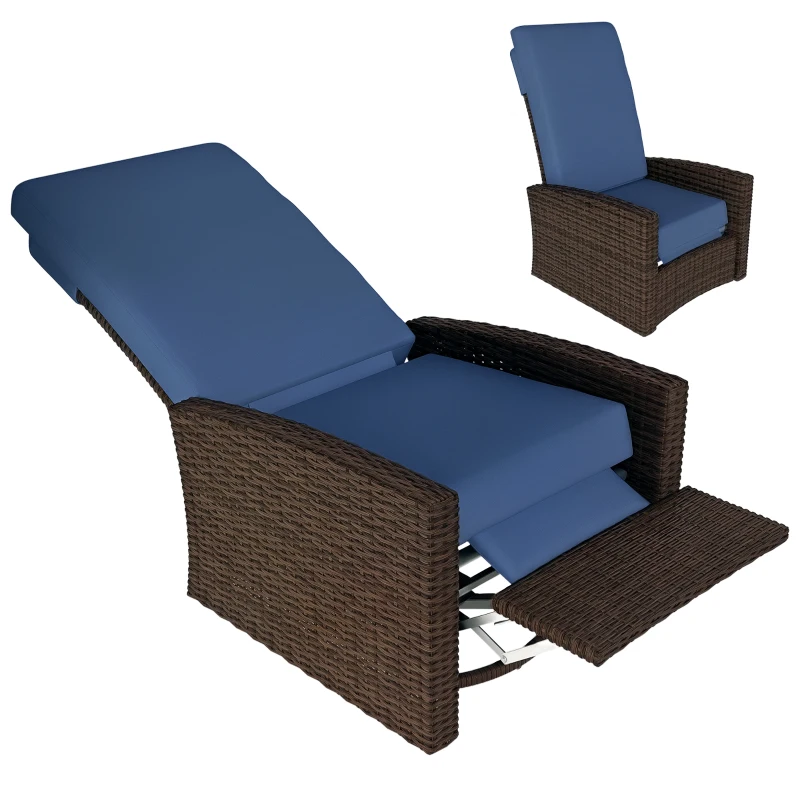 Outsunny Outdoor Wicker Swivel Recliner Chair, Lifting Footrest, 360° Rotating Basic, Water-resistant Cushions, Dark Blue