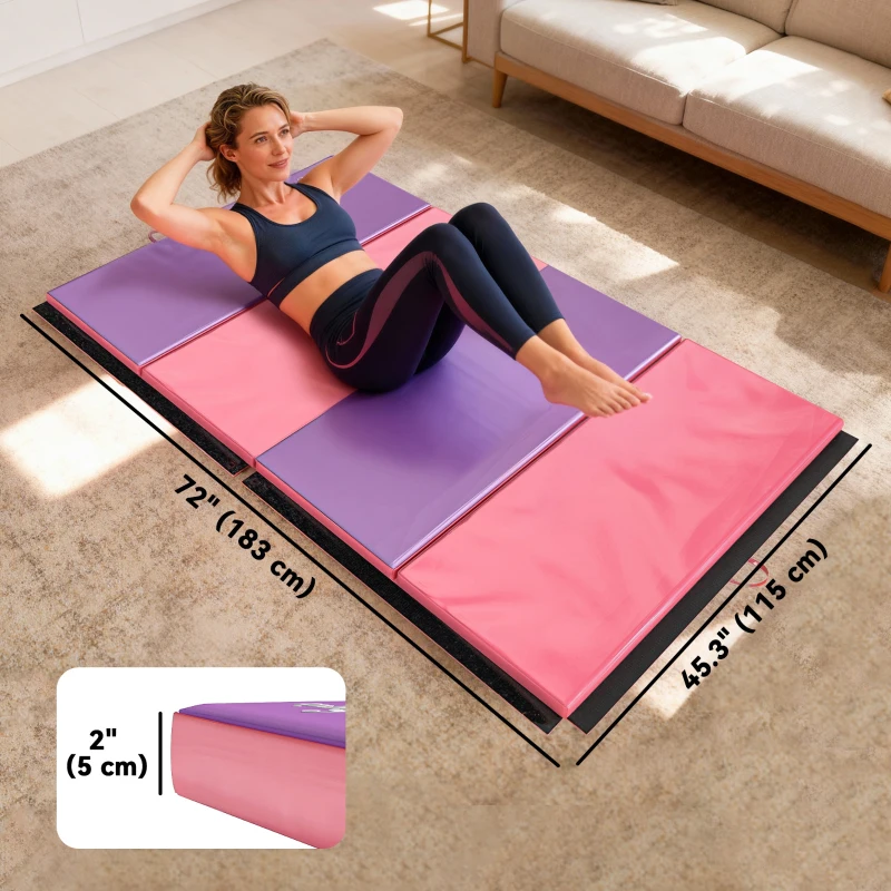 Soozier 4'x6'x2'' Folding Gymnastics Tumbling Mat, Exercise Mat  with Carrying Handles for Yoga, MMA, Martial Arts, Stretching, Core Workouts, Pink and Purple